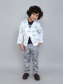 FOURFOLDS - Blue Boys Printed Blazer and T-Shirt with Trouser (Set of 3)