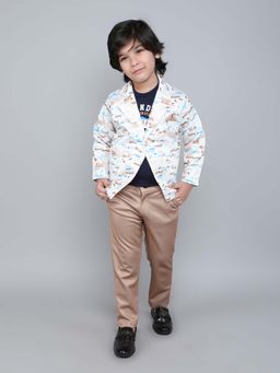 FOURFOLDS - Brown Boys Printed Blazer and T-Shirt with Trouser (Set of 3)