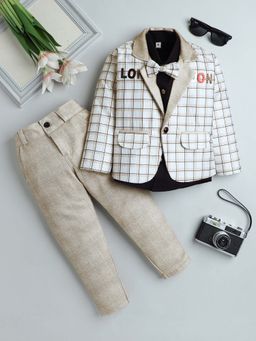 FOURFOLDS - Beige Boys Checks Blazer with Solid Shirt and Trouser (Set of 4)