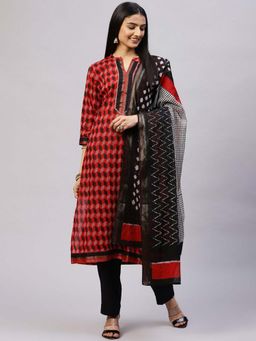 Biba - Red Cotton Unstitched Suit Set (Set of 3)