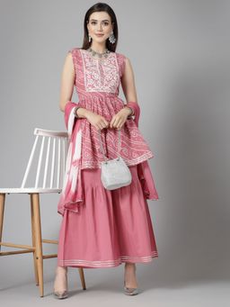 Stylum - Womens Bandhej Printed & Embroidered Cotton Kurta with Sharara & Dupatta (Set of 3)