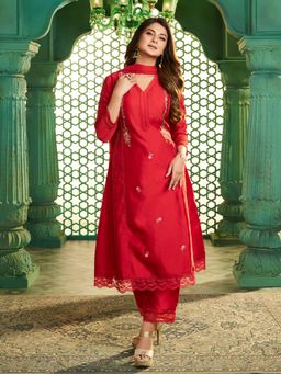 BHAMA COUTURE - Red Floral Kurta with Pant & Dupatta (XS)