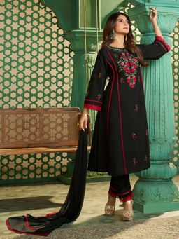 BHAMA COUTURE - Black Floral Kurta with Pant & Dupatta (XS)