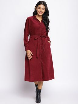 Fabindia - Maroon Cotton Slim Fit Midi Dress With Belt (Set of 2)