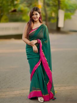 Aparna - Dark Green Pink Boder Premium Mul Cotton Saree Without Blouse for Women