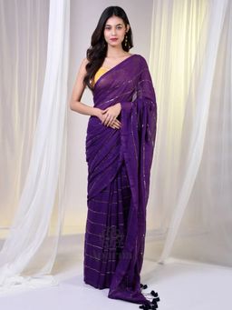 Aparna - Golden Striped Purple Premium Cotton Saree Without Blouse for Women