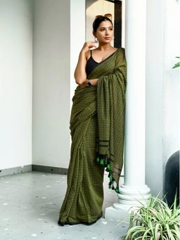 Aparna - Dark Olive Green Premium Mul Cotton Saree Without Blouse