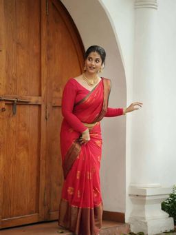 Aparna - Shoe Flower Red Premium Mul Cotton Saree Without Blouse for Women