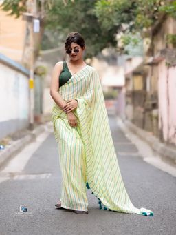 Aparna - Lime Green Striped Premium Cotton Saree Without Blouse For Women