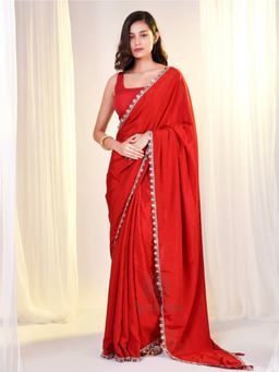 Aparna - Cherry Red Cotton Based Satin Saree Without Blouse With Golden Lace