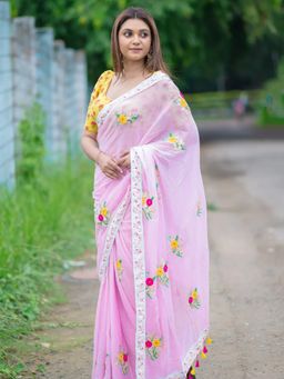Aparna - Floral Pink Premium Mul Cotton Saree Without Blouse For Women