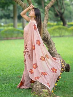 Aparna - Peach Premium Hand Printed Mul Cotton Saree Without Blouse