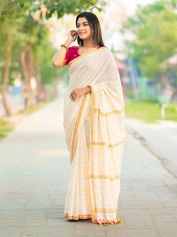 Aparna - White Linen Saree Without Blouse For Women