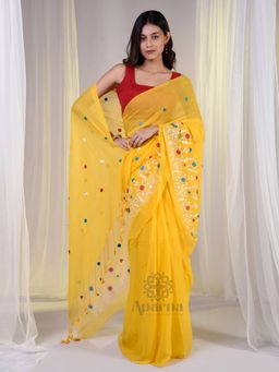 Aparna - Yellow Cotton Solid Embroidery Saree Without Blouse For Women