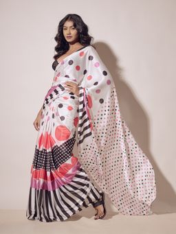 Aparna - White Satin Geometric Print Saree For Women
