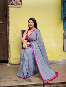 Aparna - Dark Grey Colour With Red Border Mul Cotton Saree For Women