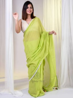 Aparna - Neon Green Lace Mul Cotton Saree Without Blouse