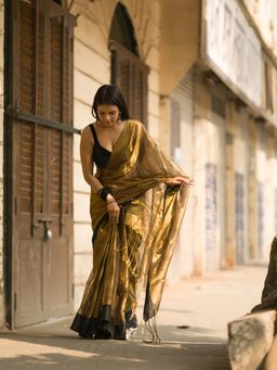 Aparna - Copper Golden Black Border Raga Tissue Saree Without Blouse For Women