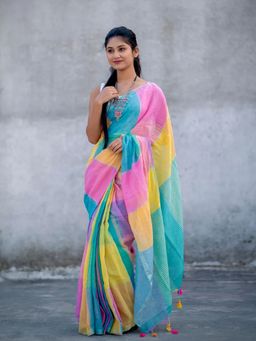 Aparna - Handloom Multi Colour Linen Saree Without Blouse For Women
