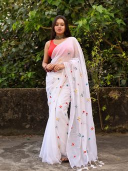 Aparna - White Cotton Embroidery Saree With Unstitched Blouse For Women