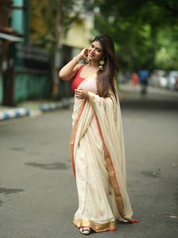 Aparna - Beige Golden Boder Cotton Saree Without Blouse For Women