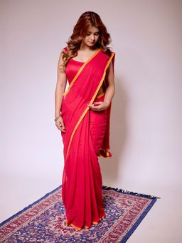 Aparna - Red Premium Mulcotton Saree Without Blouse With Yellow Boder For Women