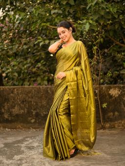 Aparna - Green Golden Raga Tissue Dual Tone Saree With Unstitched Blouse For Women