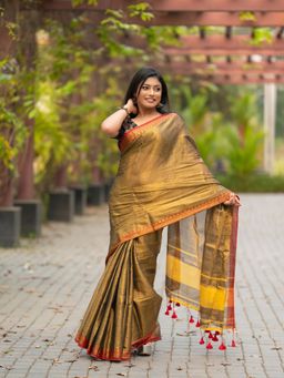 Aparna - Golden Dual Tone Raga Tissue Saree Without Blouse