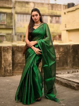 Aparna - Bottle Green Raga Tissue Dual Tone Saree With Unstitched Blouse For Women