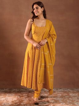 Libas - Mustard Printed Silk Blend Anarkali Sets for Women