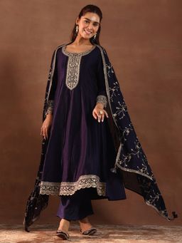 Libas - Purple Embroidered Silk Blend Anarkali with Pant and Dupatta (Set of 3)
