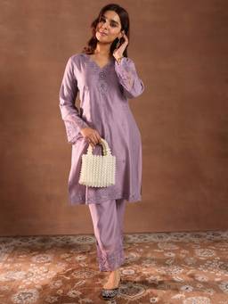 Libas - Lavender Embroidered Silk Blend Straight Kurta Set for Women