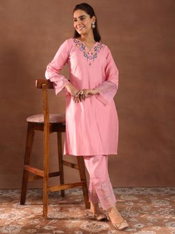 Libas - Pink Yoke Design Silk Blend Straight Kurta and Pant (Set of 2)