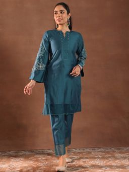 Libas - Blue Embroidered Silk Blend Straight Kurta and Pant (Set of 2)