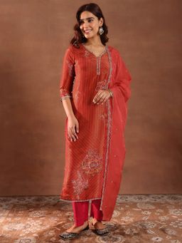 Libas - Red Kurta with Pant and Dupatta (Set of 3)