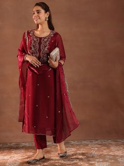 Libas - Maroon Kurta with Pant and Dupatta (Set of 3)