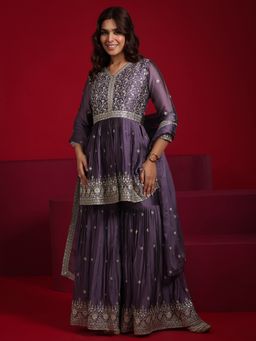 Libas Art - Purple Peplum Top with Sharara and Dupatta (Set of 3)