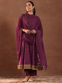 Libas - Burgundy Printed Rayon Anarkali with Pant and Dupatta (Set of 3)