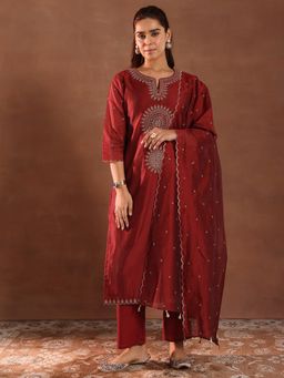 Libas - Maroon Kurta with Pant and Dupatta (Set of 3)