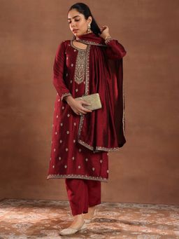 Libas - Maroon Kurta with Pant and Dupatta (Set of 3)