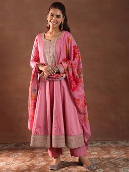 Libas - Pink Woven Design Silk Blend Anarkali with Pant and Dupatta (Set of 3)