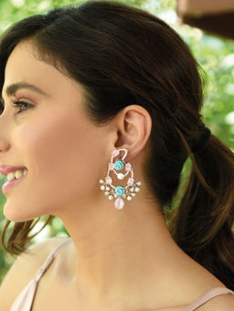 Fida - Wedding Luxurious Rhodium-Plated Floral Rose Pink American Diamond Stud Earring