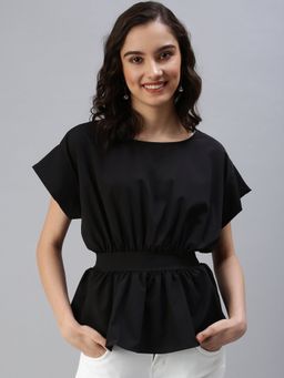 SHOWOFF - Women's Solid Peplum Black Boat Neck Top