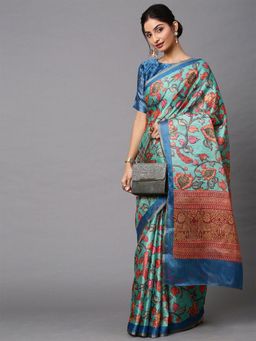 Odette - Women's Cotton Linen Sea Green Printed Celebrity Saree with Unstitched Blouse
