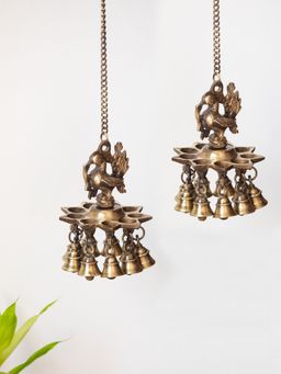 ExclusiveLane - Paradise Peacock Hand-Etched Decorative Brass Hanging Diya With Bell (Set of 2)