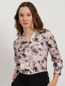 FableStreet - Peach Satin Pleated Floral Shirt