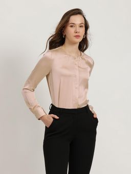 FableStreet - Beige Satin Gathered Neck Shirt