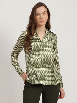 FableStreet - Olive Satin Mandarin Neck Top