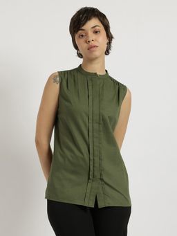 FableStreet - Olive Cotton Mandarin Collar Top