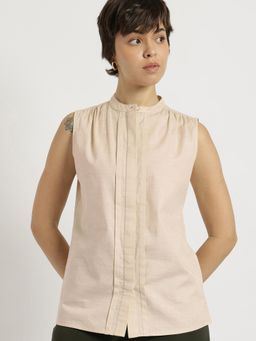 FableStreet - Off White Cotton Mandarin Collar Top